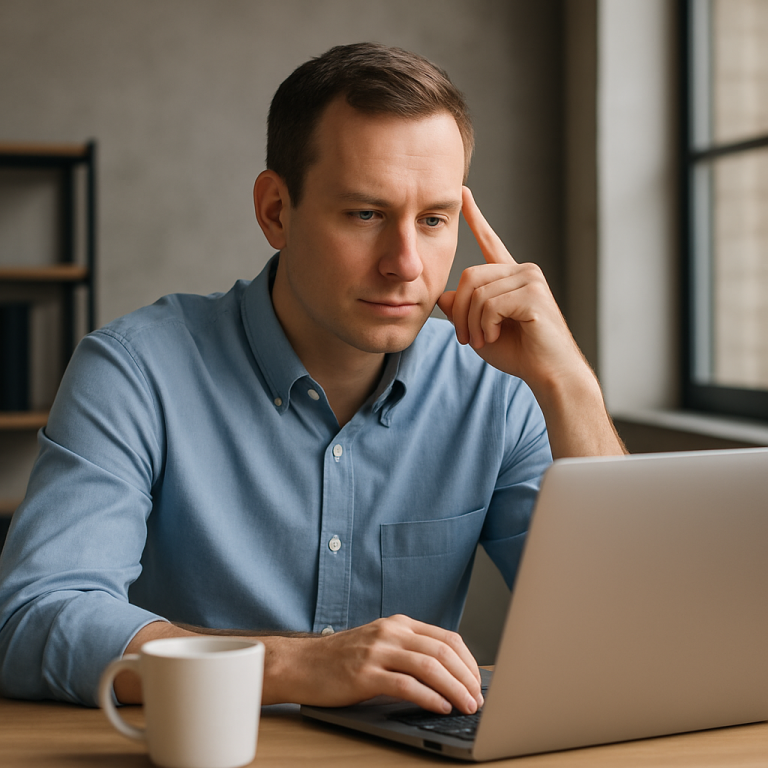 A man sitting at a desk with his notebook computer thinking about the question "what exactly are agents?"