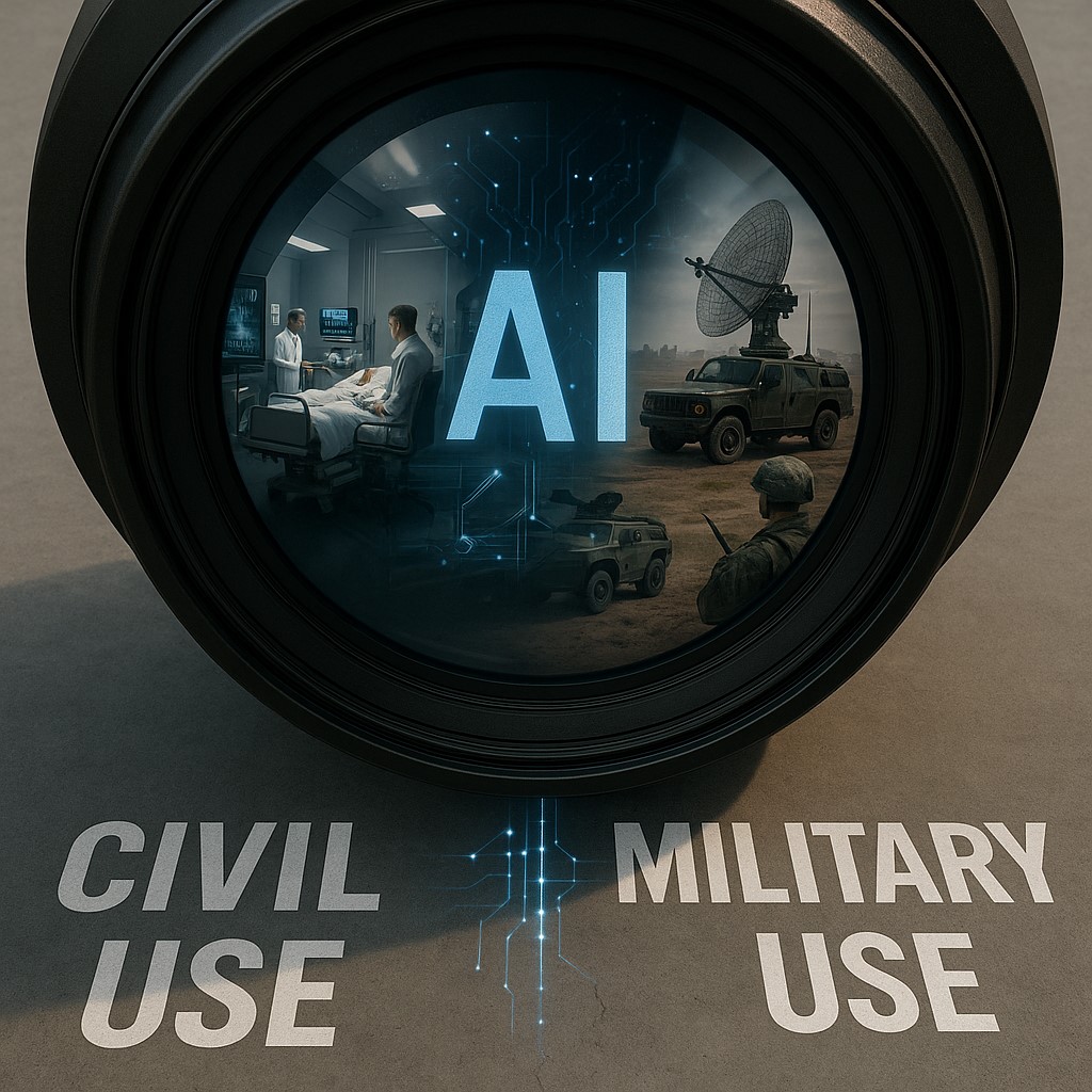 This image illustrates the the civil use vs. military use of AI systems and the essential question of this article: Does the EU AI Act jeopardize Europe's defense readiness?