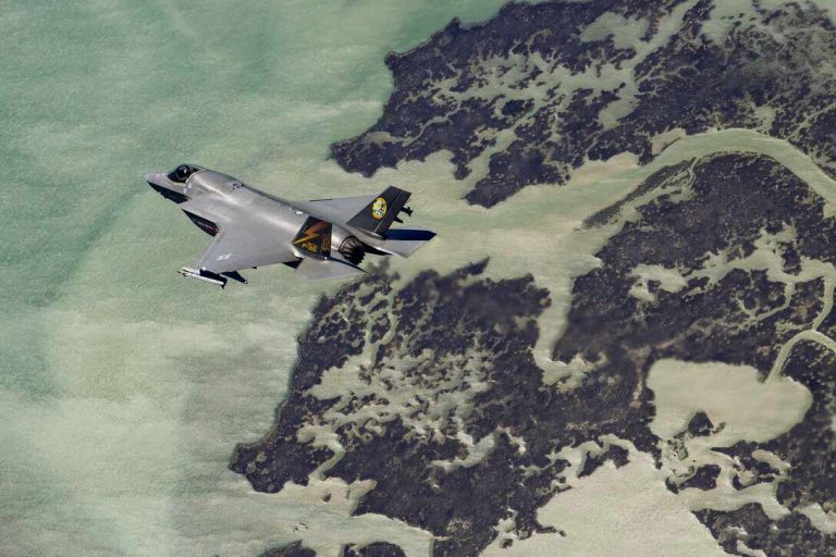 A photo showing the the F-35B Short Takeoff and Vertical Landing (STOVL) variant during airborne testing.