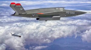 The XQ-58A Valkyrie demonstrates the separation of the ALTIUS-600 small unmanned aircraft system in a test at the U.S. Army Yuma Proving Ground test range, Ariz., March 26, 2021. The test was the first time the weapons bay doors have been opened in flight. (U.S. Air Force courtesy photo)