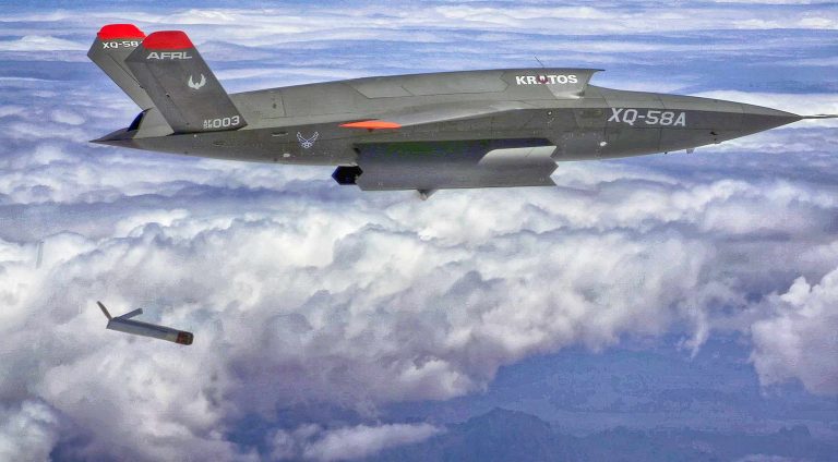 The XQ-58A Valkyrie demonstrates the separation of the ALTIUS-600 small unmanned aircraft system in a test at the U.S. Army Yuma Proving Ground test range, Ariz., March 26, 2021. The test was the first time the weapons bay doors have been opened in flight. (U.S. Air Force courtesy photo)