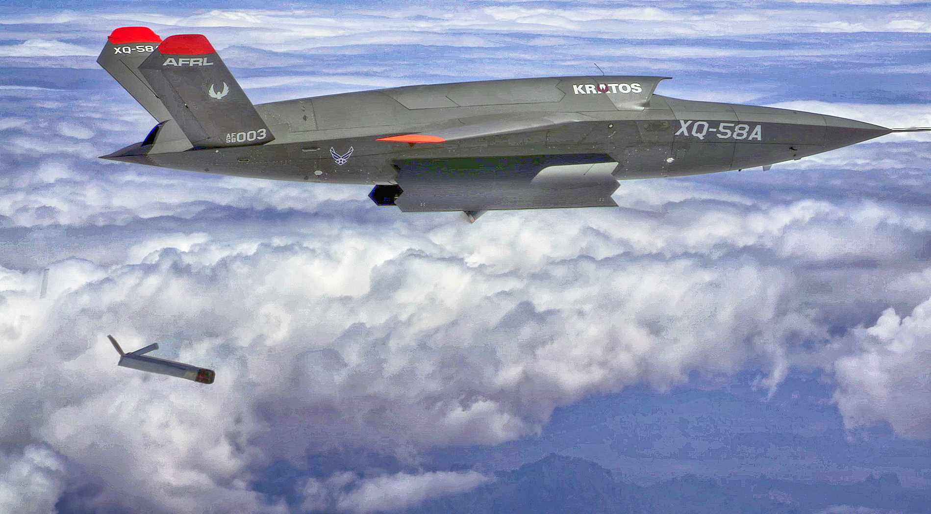 The XQ-58A Valkyrie demonstrates the separation of the ALTIUS-600 small unmanned aircraft system in a test at the U.S. Army Yuma Proving Ground test range, Ariz., March 26, 2021. The test was the first time the weapons bay doors have been opened in flight. (U.S. Air Force courtesy photo)